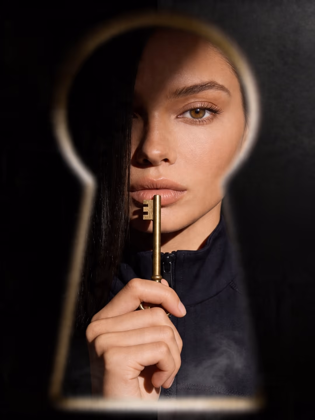 Close-up portrait through a keyhole — a woman with dark hair holds a brass skeleton key vertically in front of her mouth, looking directly at the camera against a near-black background.
