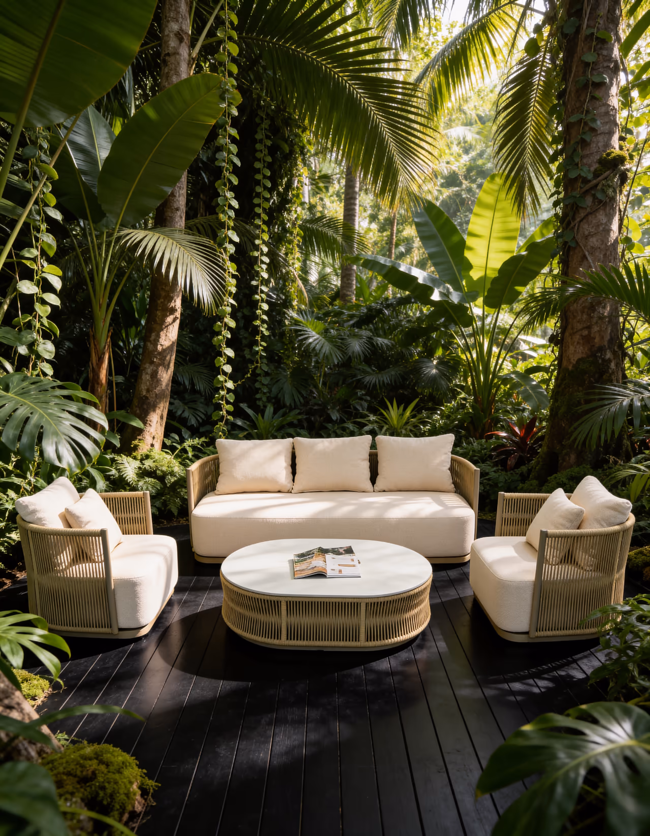 Outdoor deck terrace with a cream rattan sofa and armchairs around a marble table, framed by dense tropical palms and foliage.