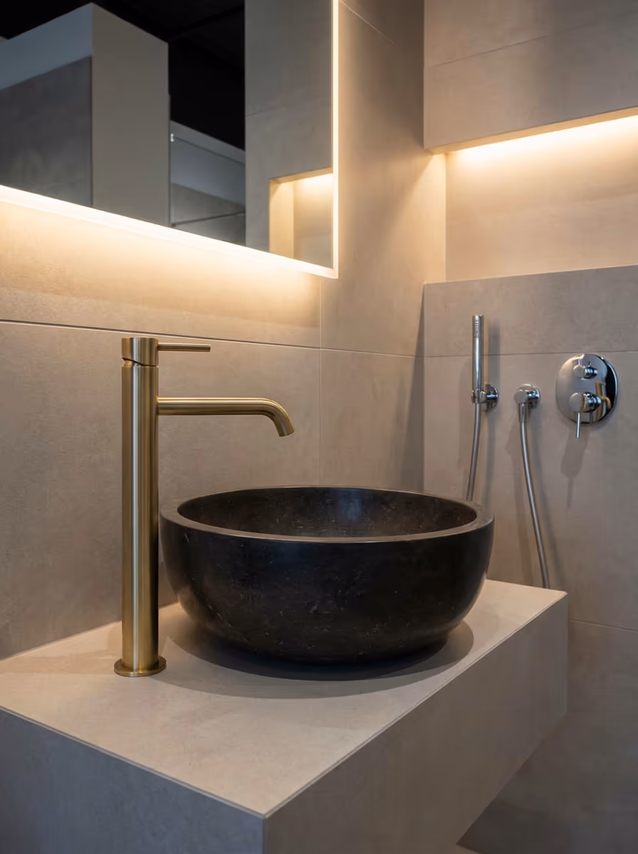 Tall brass mixer tap over a round dark stone vessel basin on a pale counter, with a wall shower set and a backlit mirror.