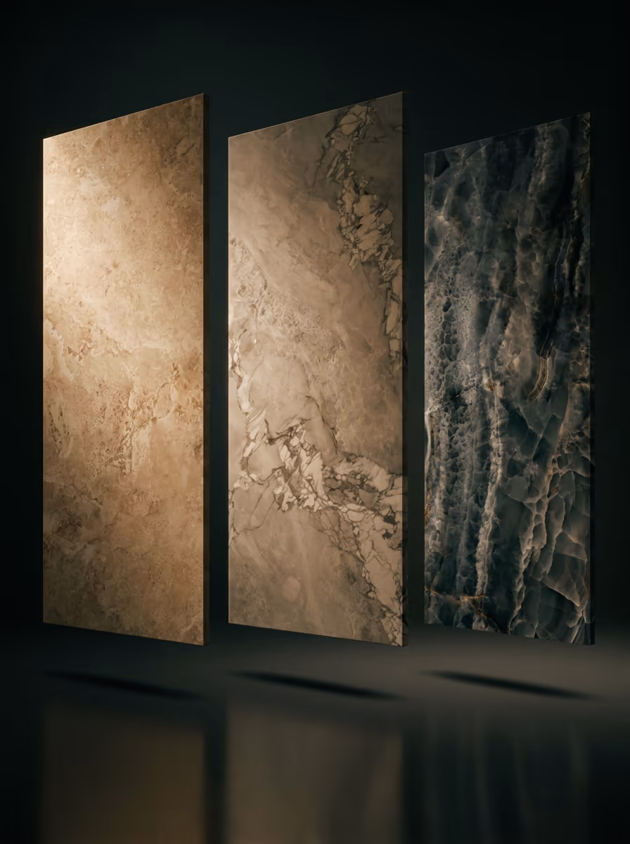 Three large stone slab panels upright against a dark backdrop — warm travertine, veined cream marble and dark grey-veined onyx.